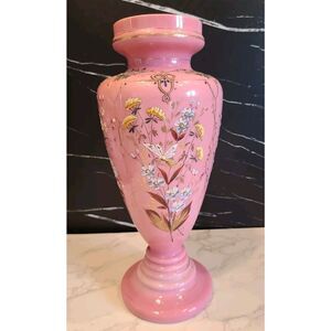 Lg Antique Harrach Bohemian Czech Pink Opaline Overlay Vase Flowers & Bees 14”